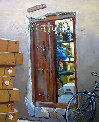 Souk storeroom with marigolds, Dubai - oil on canvas board, 12 x 10 inches