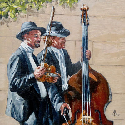 Street musicians - Oil, 8 x 8 inches (20 x 20 cm).  January 2020 Awarded Special Merit in Light Space & Time international competition.  Private client