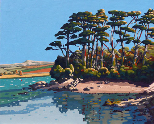 Pines on the River Camel, Cornwall - Acrylic on canvas board, 18 x 22 inches.  Private client