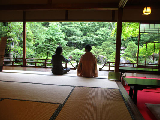 これが驚きの広さ　ちょうど一階の縁側に庭を見ながら談笑の二人連れ