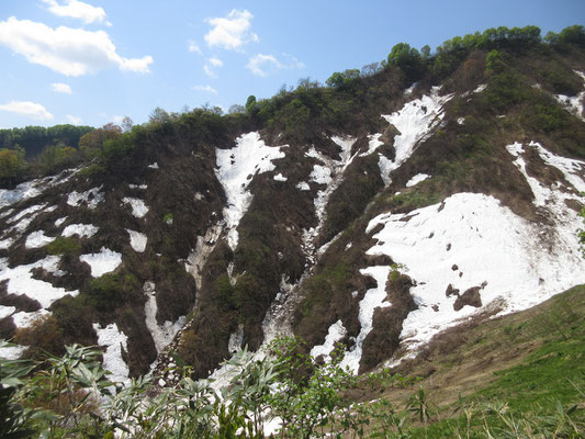 周辺の谷にはまだら模様の残雪　除雪してある場所には雪のかけらもないが、何もしていない場所には相当残っている
