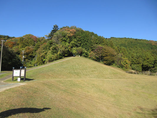 神社は園内にあり、芝生の丘の上が登山口