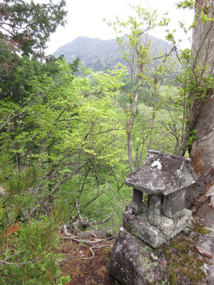 登山道から少し離れて小さな尾根を辿ると、今度は祠と遭遇　奥に見える山かげは太刀岡山