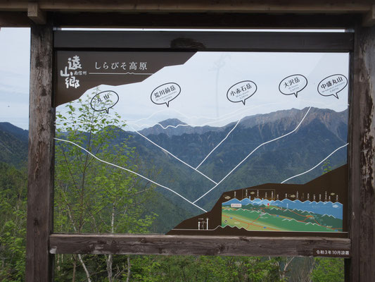 この山名表示看板はシースルーになっていて、自分がその位置に立つと、向こうのホンモノが透けて重なるしかけ