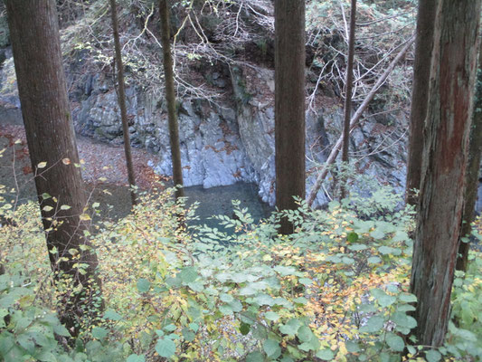 河原の岸壁は碧い岩が露呈している