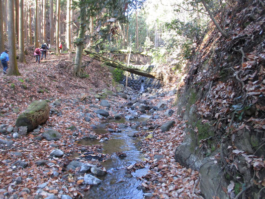 大沢登山口から華厳山へのコースは、まず石の小さな堰堤を乗り越え、その先の沢を渡渉します　この日は冬でもかなり水量が多く、向こうの堰堤からはちょっとした小さな滝のように水が流れていました