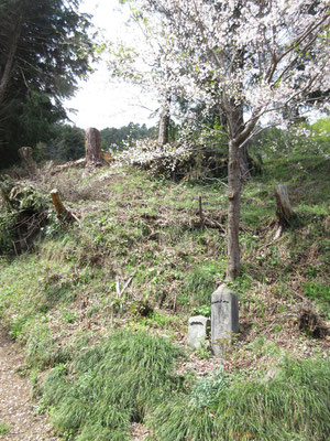 下っていく途中には、こんな石碑がある　昔は下界の妙法寺本堂から、この山道を辿って上の七面堂へと登っていったのだろう