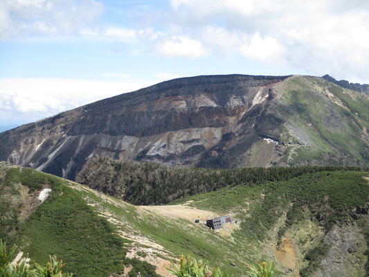 同じく巨大な爆裂口の硫黄岳をバックに、手前鞍部には根石岳小屋が見えます　この小屋には何度か泊まったことがありますが、何故かこんな場所なのに風呂があるのです　沢の源頭で水が出るのです