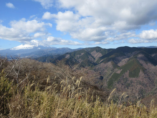 西丹沢が高指山〜鉄砲木ノ頭に続き山中湖方面に下っていく　そして奥には富士山、という位置関係　神奈川の人間には富士山はとても身近な山であることがこれでも分かる