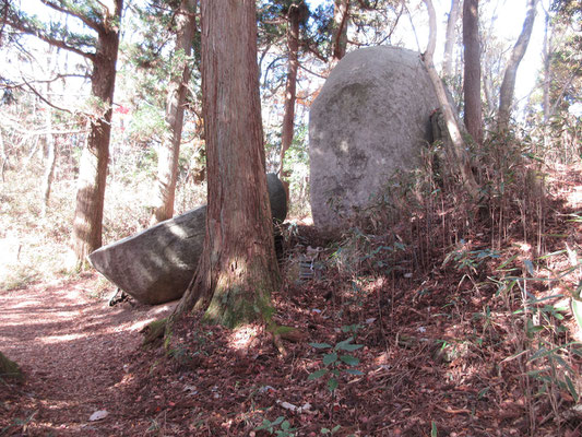 今日のメイン　山名にもつながる「太刀割石」　1083（永保3）年、八幡太郎源頼家が奥州征伐の折、戦勝祈願のために竪破山に立ち寄り、野宿していると、夢のなかに「黒坂命」が現れ、大太刀を差し出した。目覚めた頼家がそのオオタチを一振りすると。巨岩が真っ二つに割れたと言われている。