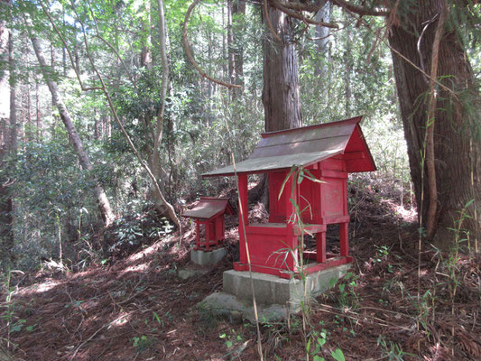 更に下った峠には立派な赤い祠があった　ここから大目の集落へ下っていく