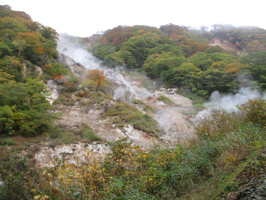 湯けむりというより恐ろしげな地獄谷のような脇をまず登っていきます　迫力満点