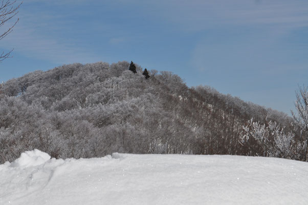 稜線から斑尾山の山頂を見る