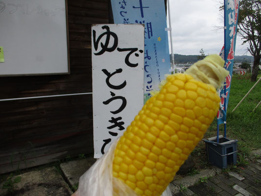 途中のドライブインのような所で「ゆでとうきび」の看板に引き寄せられ　いや〜！甘くて美味しかったこと　これだけでも北海道に来てよかったと思ったくらいです