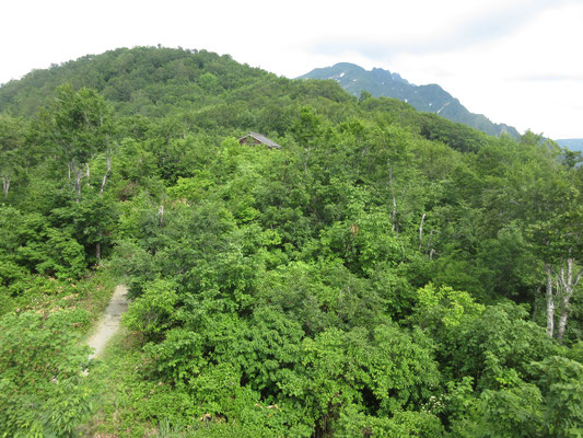 帰りにはロープウェイ駅上にある展望台に回ってみる 遥拝堂の屋根と八海山山頂部