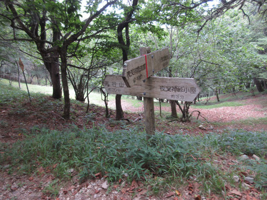 高谷山との分岐　ここまで来れば峠までもう一息　向こうの「西口登山口」方面に行くと、カレイ沢源頭の水場　しかし源頭付近はガレていて要注意とのこと