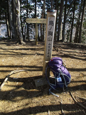 「山梨百名山」の新しい標柱と一緒にザックの記念撮影