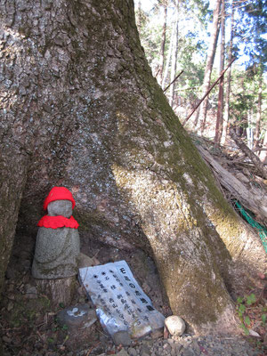 でも、途中にはホッとする「樅の木地蔵さん」もいらっしゃる山です  赤い帽子とあぶちゃんは会員の手作りで、都度新しいものに取り替えています