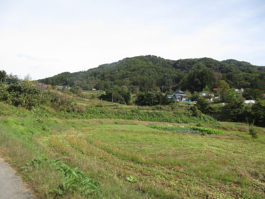 小川村の風景1　大洞高原　奥の山が飯縄山　山頂には立派な社がある