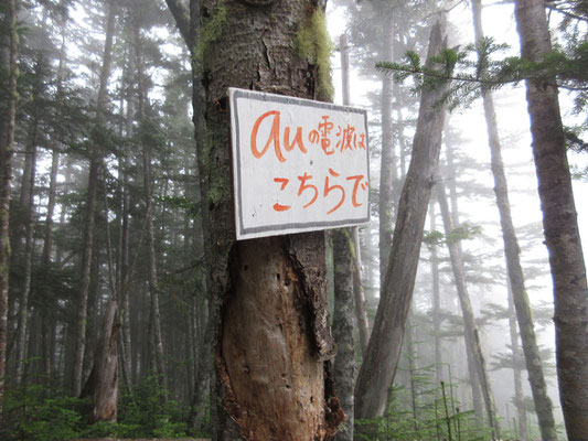 南御室小屋は鞍部にあるので、小屋に着く手前にAUとdocomoそれぞれ、こんな看板があった　最近はみんなスマホで4Gとかの利用だが、やはり山ではガラ系のFOMAが強いことが立証された（私の携帯ガラ系のメールはテントの中でも問題なく通信可能だった）