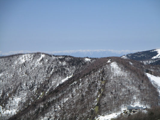 その稜線の向こうには、一直線に白い高嶺の北アルプスが！