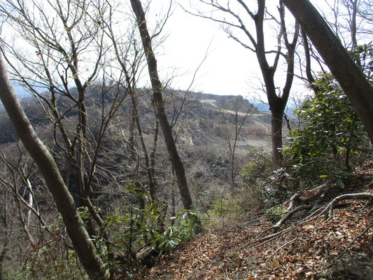 松石寺尾根の急登を頑張って行くとまもなく左手側に採石中の現場が見えてくる　以前より見えるのが早くなっているのは、それだけ削られて低くなっているから