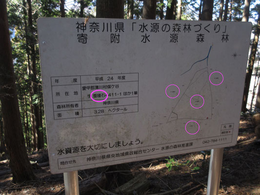 途中にあった「水源の森づくり」の看板　ここに「蚕種石（こたねいし）」の字名が載っている