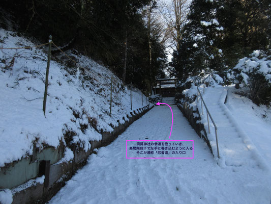 神社に向かって参道を登っていく 雪がまだたくさん残っていて滑らないように注意して行く