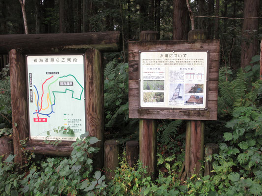 湿原の案内と木道についての標識　「新たな木道」は昔の素材とは違うものを使い新構築で痛みも少ないようだ