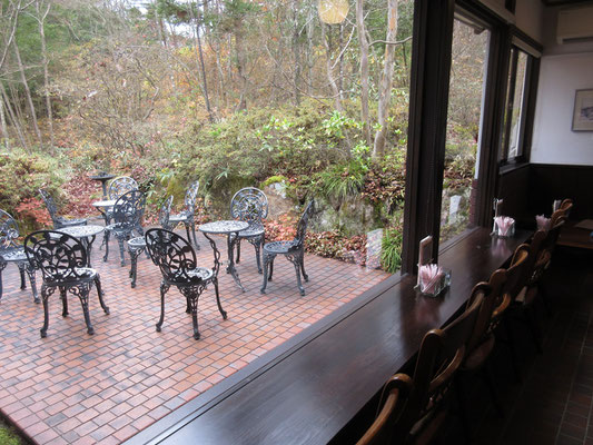 美術館の喫茶室から中庭を眺める　中庭の木々はすっかり葉を落としていた