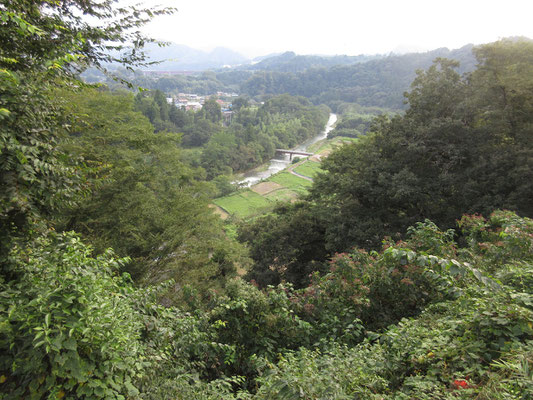 鶴川にかかる橋が遠くに見える　遠目からもかなりの水量と分かる