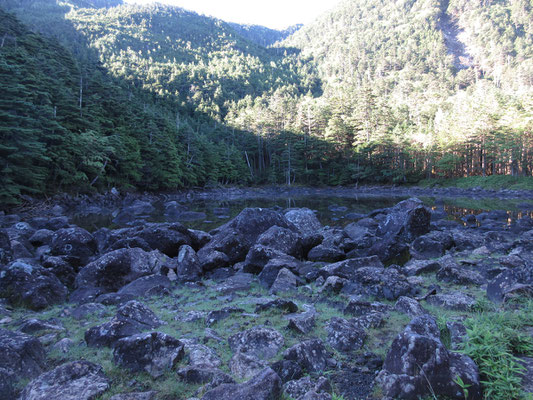 昔訪ねた時の記憶では、亀甲型文様の構造土が見事だったような…　名前の由来そのとおりと思った　今回は水が張っていて池底の構造土は見えなかった