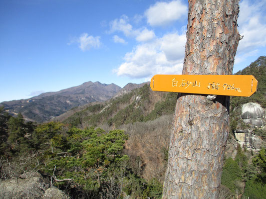 稜線を辿ると山頂標識　向こうは茅ヶ岳方面