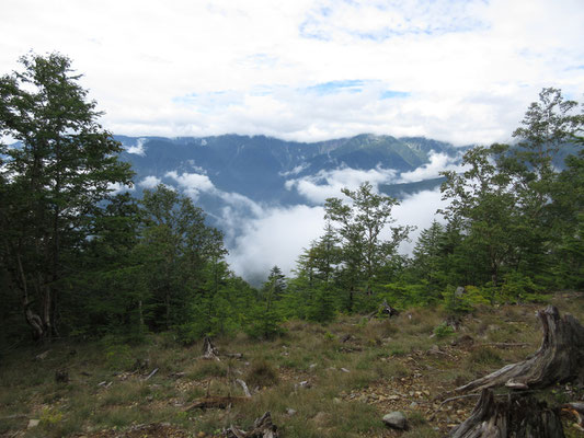 富士山が垣間見えた辺りの小広く開けた場所にて、休憩　結局後から考えても、ここでの休憩が一番明るく視界がよかった　正面は相変わらず全容が見えない北岳方面