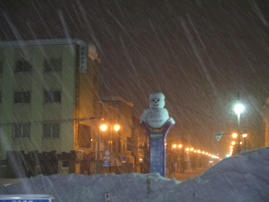 翌早朝、始発に乗るために暗い内に出向いた駅では雪だるまも降りしきる雪のなかで頑張っていました