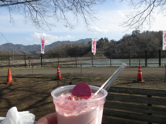 最後は帰路途中、足下に見えた大野貯水池で「桜・いちごムース」にて締め！　