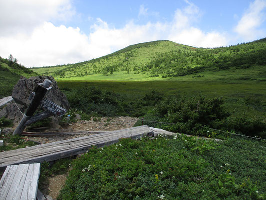 鎌沼を一周して酸ヶ平より下山　振り返り見納めの酸ヶ平湿原