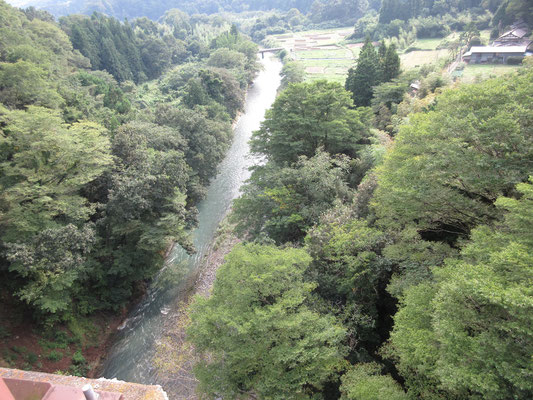 橋の上から見下ろす鶴川の水量はとても多い　轟々と流れている