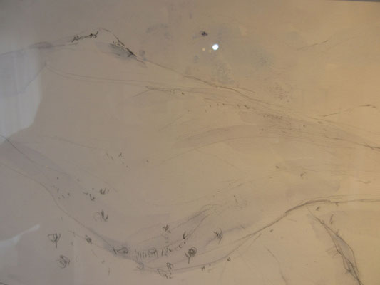 ガラス越しだから何だかよくわからないが、雪の白さは紙そのものの白さを利用して、描かないで描くという方法　空の部分は水彩の水が凍った跡がそのまま残っている