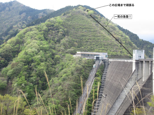 ようやくダムの上まで辿り着く　向こうに見える急登がこれからの登山本番　その前にみんな随分とくたびれてしまった(;_;)