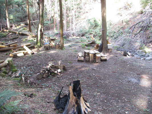 華厳山登山口を入って小沢を渡渉するとすぐに現れる手作りキャンプ場