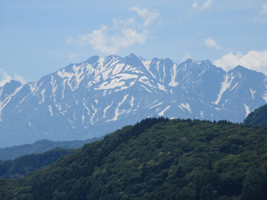 まだ残雪の多い八方尾根と三角の唐松岳　険悪な不帰嶮がつづく