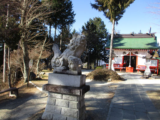 山頂駅付近の八雲神社にご挨拶　ここの狛犬は子どもを抱えている