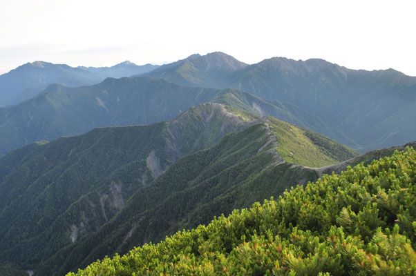 目を移せば南アルプス北部の名峰、白峰三山（間ノ岳、農鳥岳、北岳の頭の部分）や遠くには甲斐駒、仙丈ヶ岳