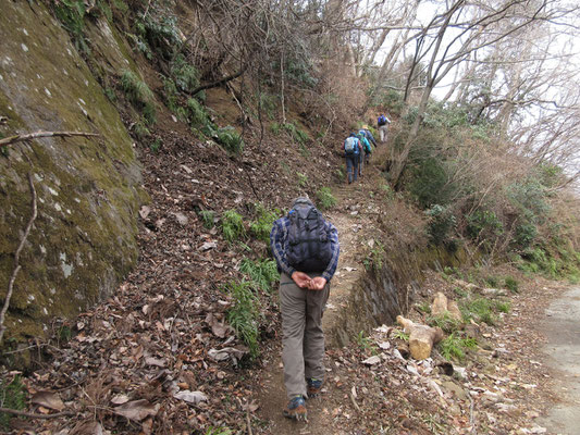 ちょっと崩れてきて狭くなりつつある階段登山道を登っていく