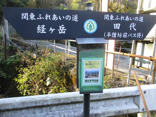 登山口の標識　こうしたポイント地点には西山のポストが設置されていて「西山登山マップ」が入っている　