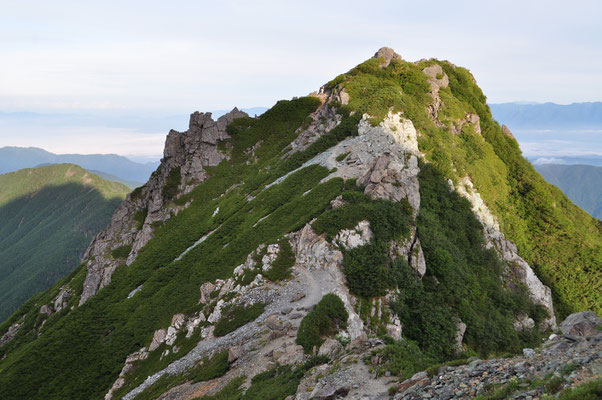 山頂近く　振り返ると今よじ登ってきた岩峰がカッコいいです