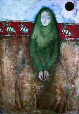 Die Mondfrau oder Vogelmord, 2007, Acryl auf Leinwand, 100 x 160 cm