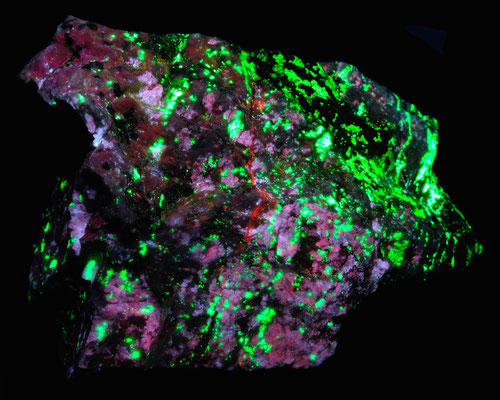 Margarosanite (淡青, 淡藤, 紅), Willemite (緑), Hyalophane (赤紫), Xonotlite (紺)*．* 極少量か石の裏面の鉱物