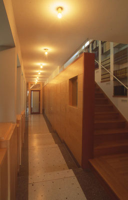 Stufenrampe zum Arbeitszimmer holzverkleideter Gangwand und integrierten Türen zu den Nebenräumen und Kellerstiege.